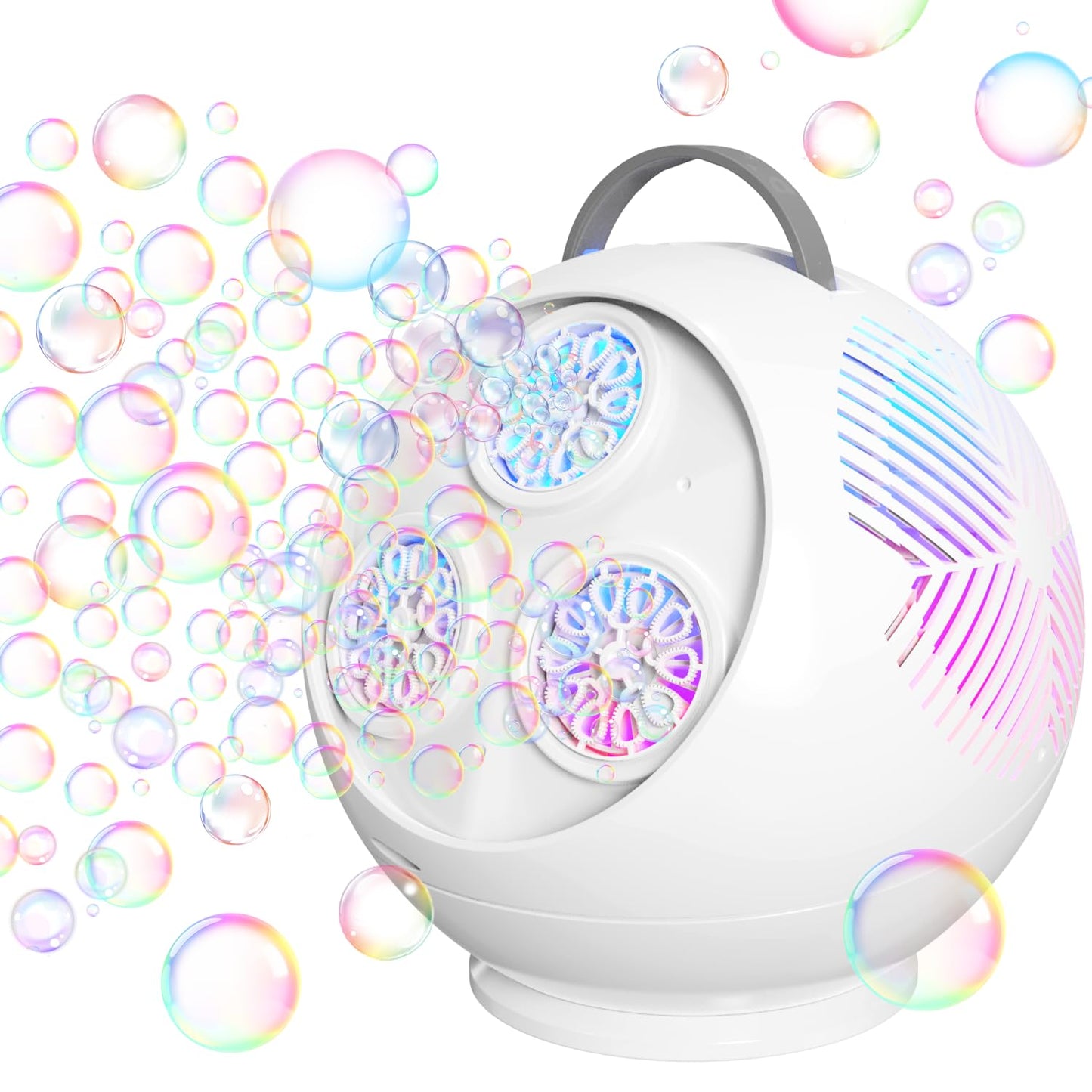 Bubble Machine for Kids Toddlers,45°/360° Automatic Rotation Spherical Bubble Maker Toy with RGB Light,Rechargeable Type-C Charge Bubble Blower,Outdoor Wedding Party Birthday Gifts (White)