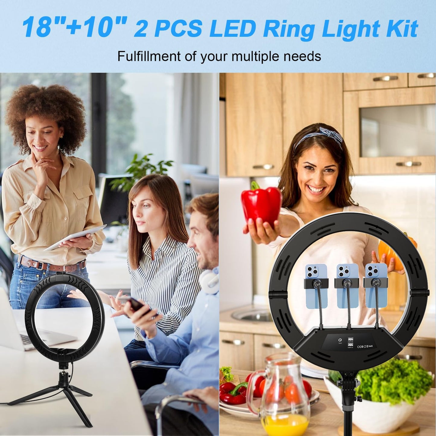 18 inch Ring Light wiht Stand+10 inch Light,Foldable Large Ring Light for ipad iPhone,LCD Display/4 Clips/2 USB Ports,2700-6500K with Tripod for Tattoo Lash Barber Makeup Photography Lighting