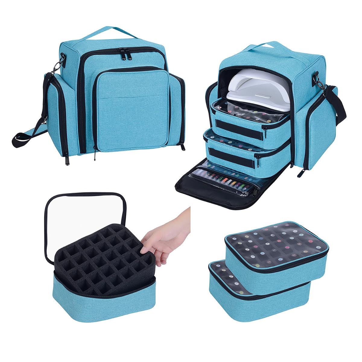 UOZL Nail Polish Organizer Case Holds 60 Bottles Portable Travel Storage Box with 2 Detachable Bags, Designed for Women's Nail Tools, Essential Oils and Cosmetics Sets Lake Green