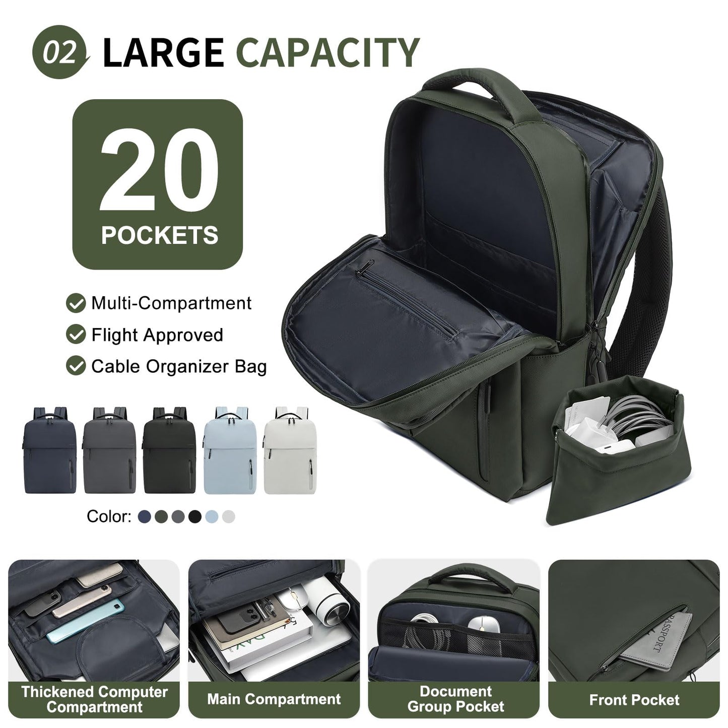 SUIKIHUM Lightweight Commute Backpack for Men & Women, Water-Resistant Travel Daypack with 15.6-Inch Laptop Compartment & Anti-Theft Pockets, Forest Green