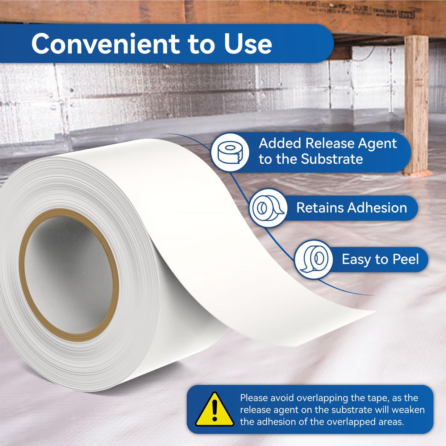PURTERIA Vapor Barrier Tape with Release Liner, 9 Mil Easy-to-Use Polyethylene Moisture Vapor Barrier Seam Tape for Crawl Space, Repairs, Underlayment, Waterproof, 3.6" x 180', 3 Rolls
