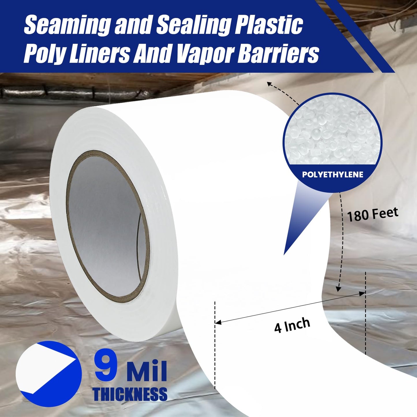 Bghdas 4 Roll, White Vapor Barrier Tape, 4" Wide x 180' Long, PE 9 mm Polyethylene Tape, for Stucco Waterproof Moisture Barriers Seal and Seam, for Crawlspaces, Insulation Repairs & Plastic Liners