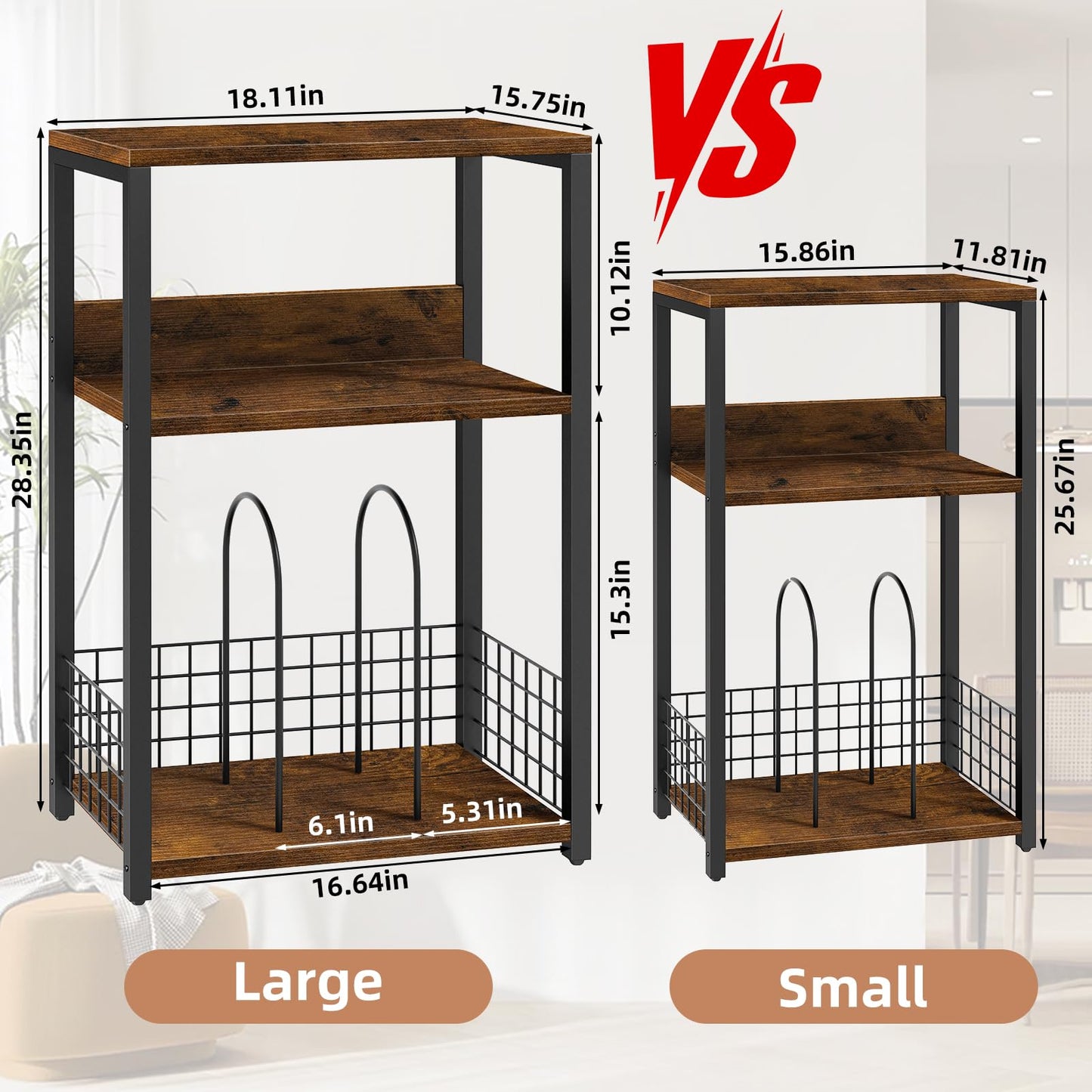 LELELINKY Large Brown Record Player Stand, 3 Tier 18" Wide Big End Table with Vinyl Storage Up to 130 Albums, Industrial Turntable Printer Tables, Modern Side Tables for Living Room, Bedroom, Office