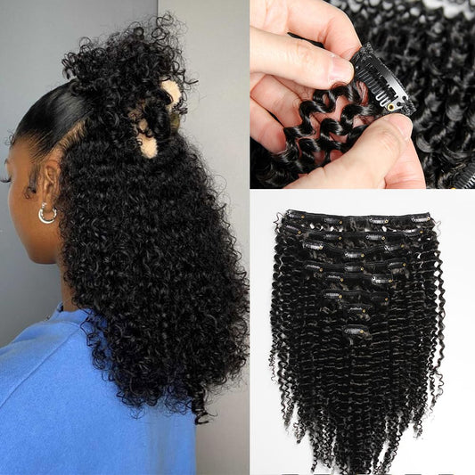 KRN Clip in Hair Extensions, 136g 8 pcs Kinky Curly Human Hair Extensions Clip ins for Black Women 12A Natural Black Real Hair Extensions Clips in Human Hair with 20 Clips Easy to Wear 20 Inch