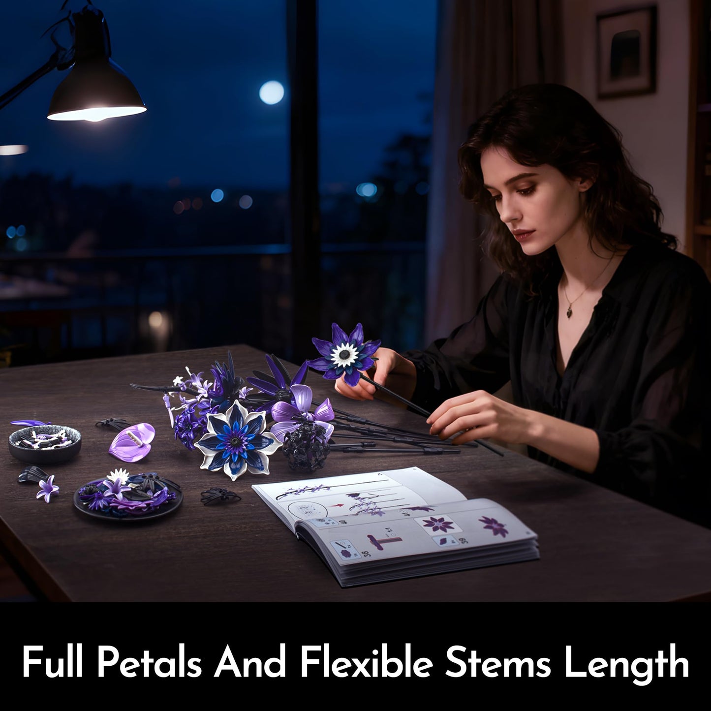SOOLIO Dahlia Flower Bouquet Building Set for Adults,Gift for Mom Women Girlfriend Wife Gothic Botanical Collection - Buildable Purple Artificial Floral for Home or Office Decor (609 PCS)