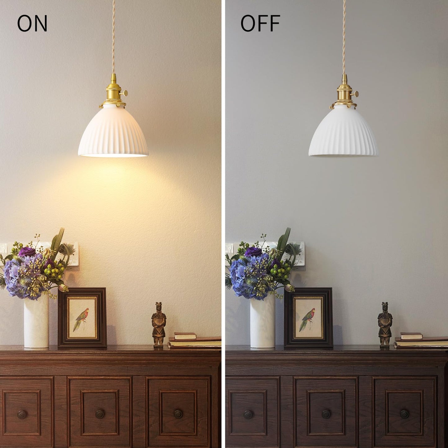 GloMuse White Ceramic Pendant Lights Kitchen Island Brushed Brass Dome-Shaped Lampshade Modern Minimalist Industrial Hanging Light Fixture for Living Room Bedroom Dining Room Over Table