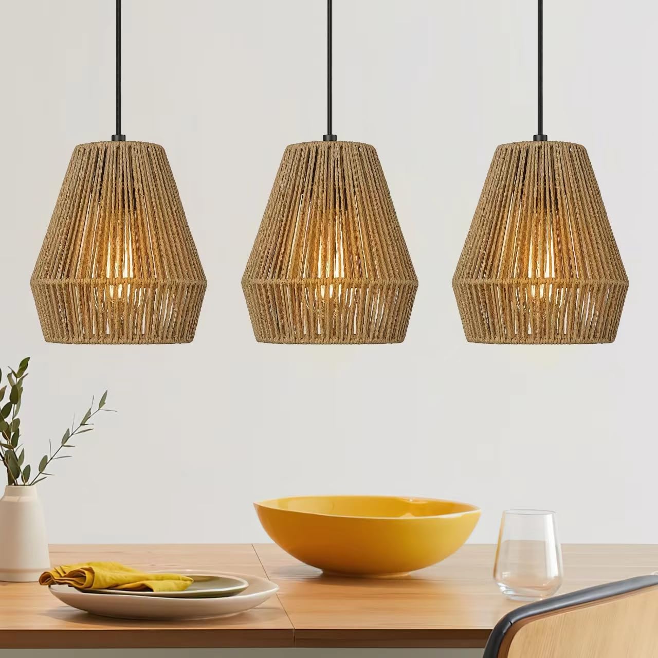 ELYONA 3 Pack Woven Pendant Lights, 7” Modern Boho Hanging Lamp with Handwoven Woven Rattan Shade, Adjustable Farmhouse Coastal Pendant Light Fixtures for Kitchen Island,Dining Room,Bar, Foyer Hallway