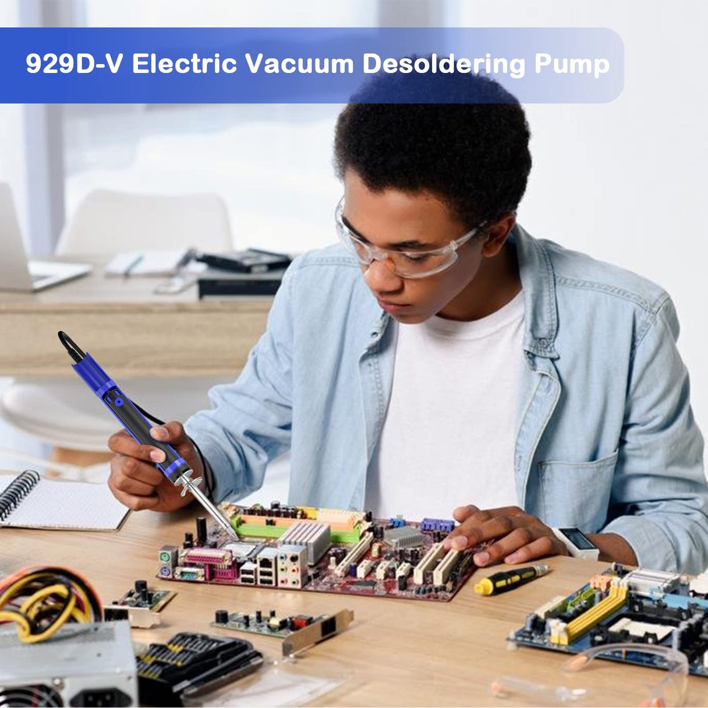 K KERNOWO 929D-V Electric Desoldering Soldering Iron Sucker – Desoldering Pump Tool with 1.0mm & 1.2mm Nozzles, Desoldering Gun with Wick & Cleaning Pin for Through-Hole Solder Removal
