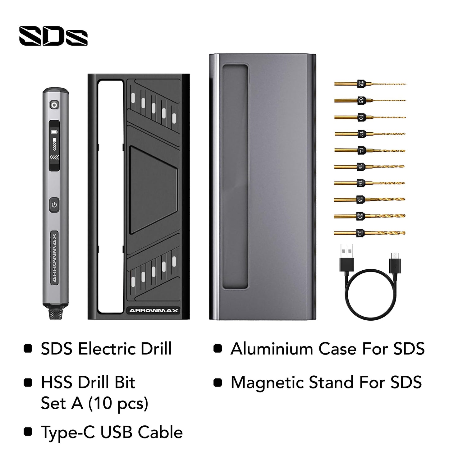 AM ARROWMAX Mini Drill Pen, 5-Speed, LED Lights, OLED Display, Resin Drill Set With 10 Small Bits, Aluminium Box, For Jewelry Making, Wood, Plastic (SDS)