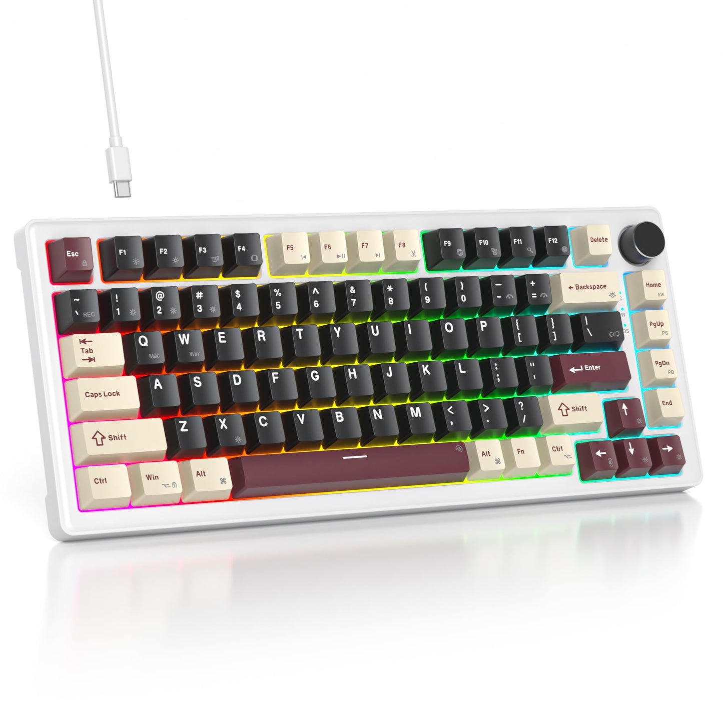 SbocKeeb 75% Mechanical Keyboard Gasket with Knob, Custom Wired Creamy Gaming Keyboard TKL 75 Percent Hot Swappable RGB Backlit, Pre-lubed Switch for Win/MAC（Roma/White Switch）