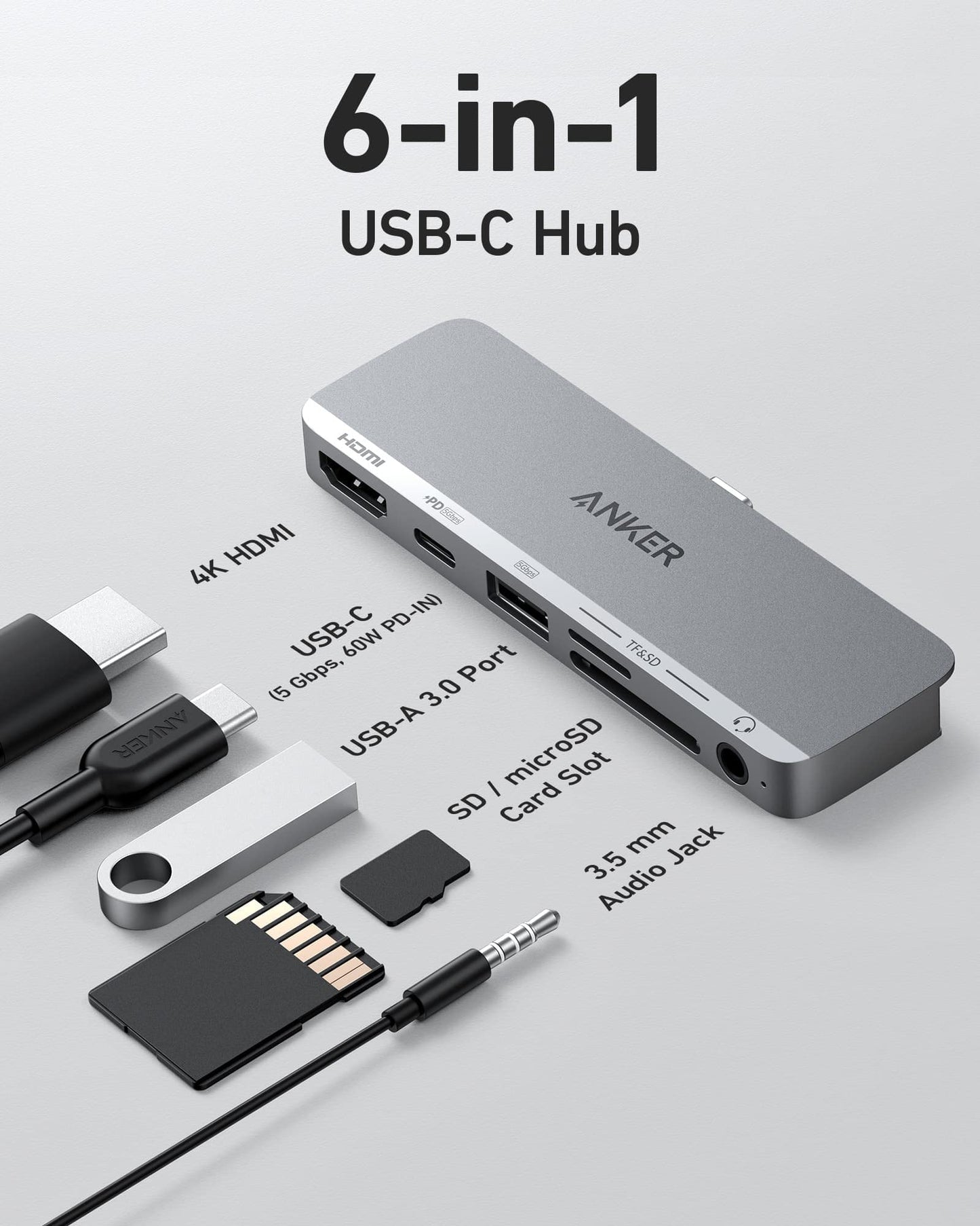 Anker USB C Hub for USB-C iPad, 541 USB-C Hub (6-in-1) with 4K HDMI Port, Multi-Function USB-C Port, SD and microSD Card Slots, for iPad Pro 5th Gen / iPad Air 5th Gen / iPad Mini 6th and Later (Gray)