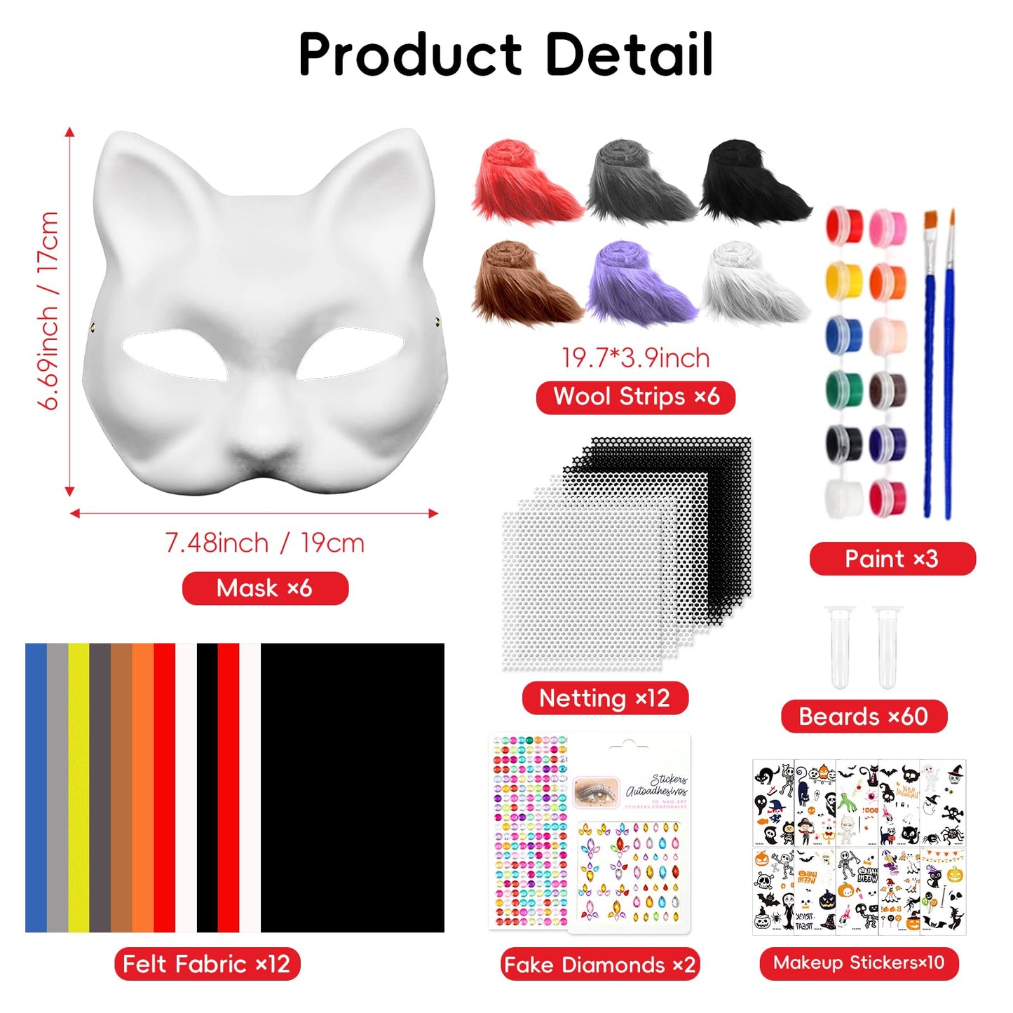 Blurap 111 PCS Therian Mask Kit Cat Masks Halloween Furry Mask Kit Blank Cat Masks for Hallowen Christmas Masquerade Cosplay Party (DIY-A)