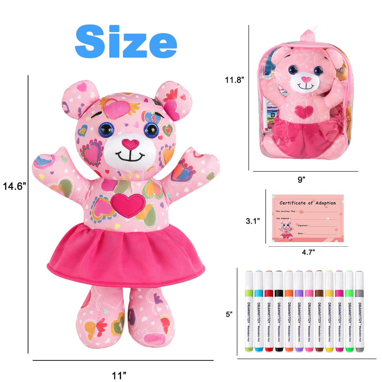 DIY Coloring Plush Toy with Washable Markers, Scribble Pets Stuffed Animal, Doodle Dolls Art Toy for Boys and Girls Ages 3-8, Birthday Gift (Pink Bear)