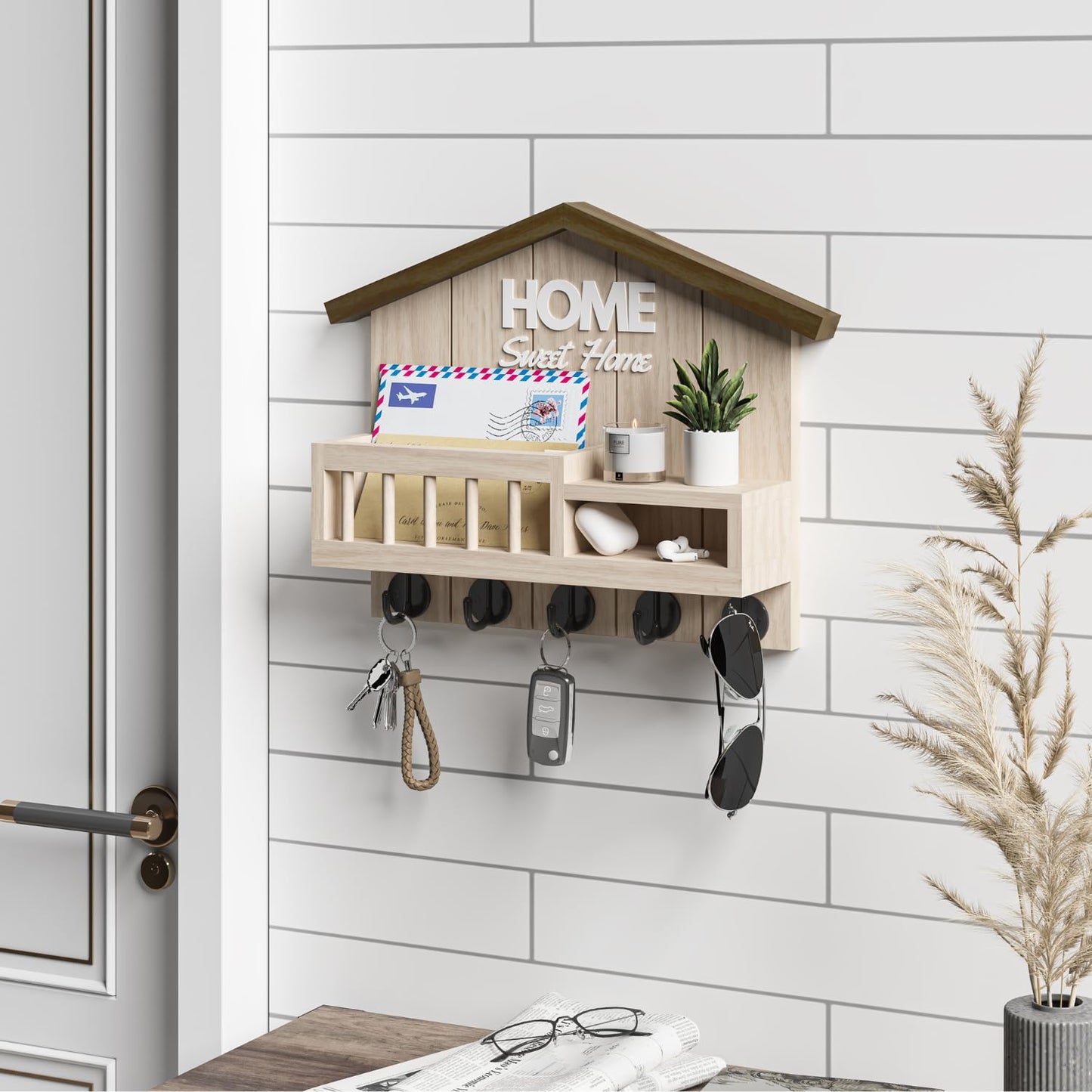 FERAHI Key and Mail Holder for Wall, Wall Key Holder with Shelf, Key Rack Wall Mount, Wood Key Holder Wall Mount, Mail Organizer Wall Mounted, Entryway & Front Door Key Holder with 5 Hooks(White)