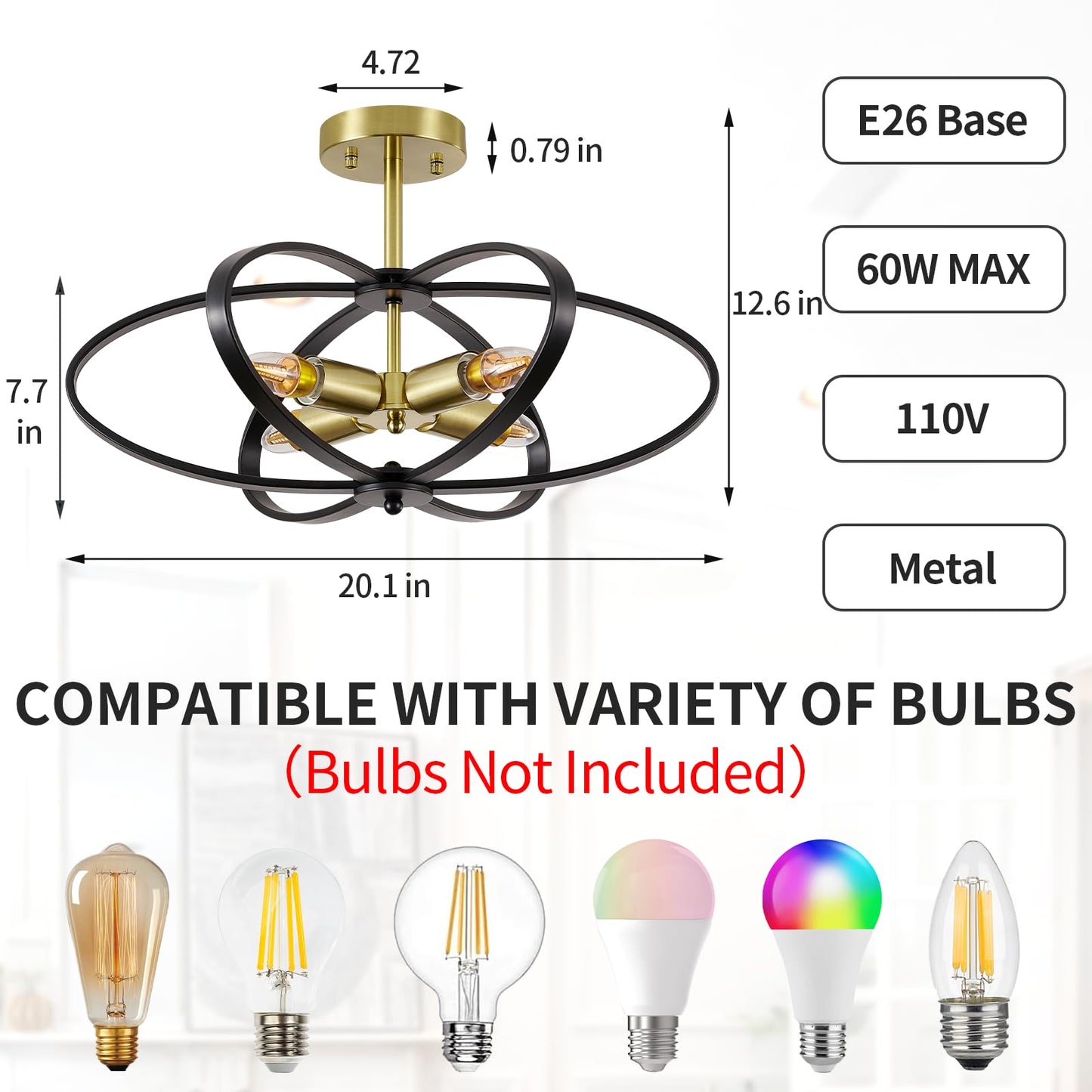 Semi Flush Mount Ceiling Light Chandelier 20'' Black and Gold Modern Light Fixtures Ceiling 4-Light Farmhouse Chandelier Style Flower Shape for Bedroom,Kitchen,Porch,Hallway