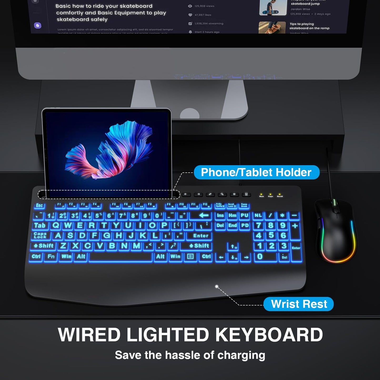 Wired Keyboard and Mouse, Large Print Backlit Keyboard with Wrist Rest and 7-Color Backlit, Lighted Computer Keyboards Easy to See, Light Up USB Keyboard Mouse Combo for PC, Windows, Laptop SABLUTE