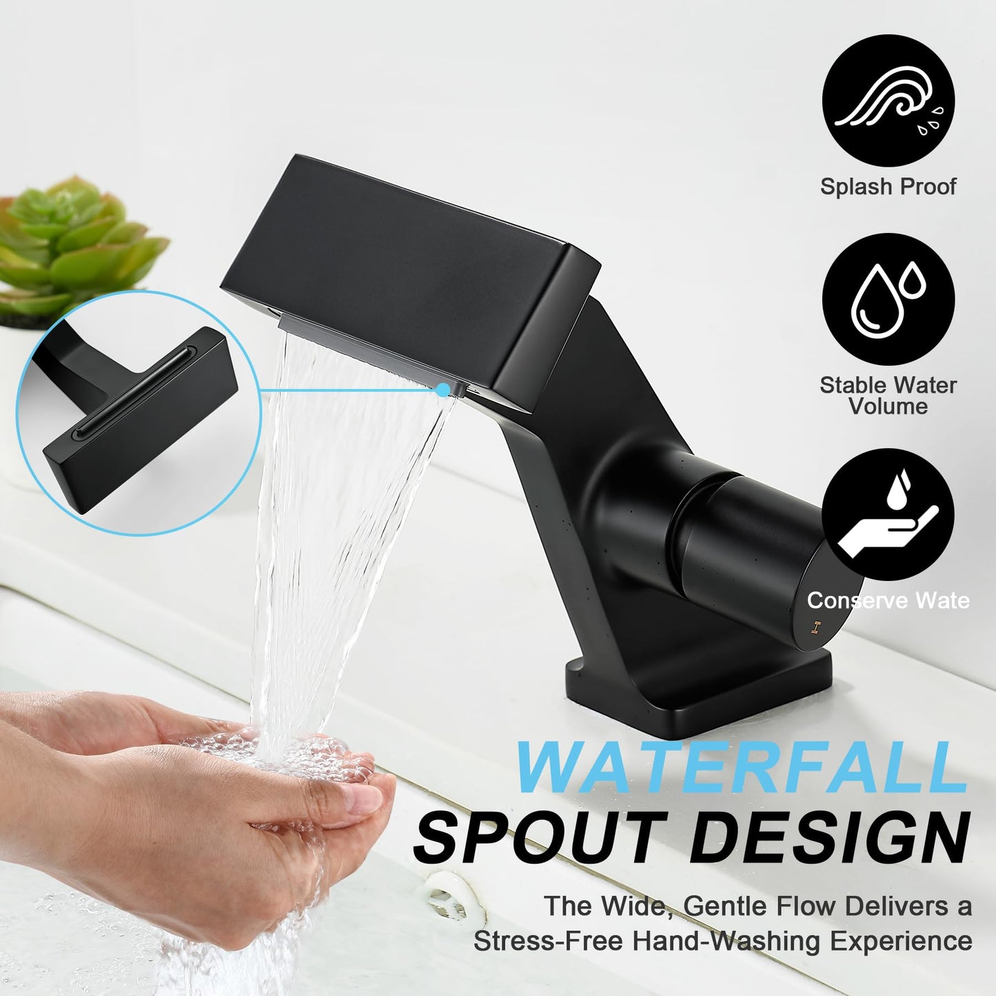 BAKALA Black Waterfall Bathroom Faucets, Single Hole Single Handle Brass Bathroom Sink Faucet Deck Mount, Rv Lavatory Vanity Faucet with 2 Supply Holes