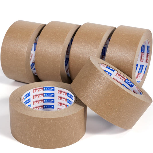 ADHES Biodegradable Kraft Paper Tape, 2 inch x 55 Yards, 6 Rolls Eco Friendly & Writable & Uncoated Paper Packing Tape Brown Packing Tape for Masking, Sealing, and Packaging Use