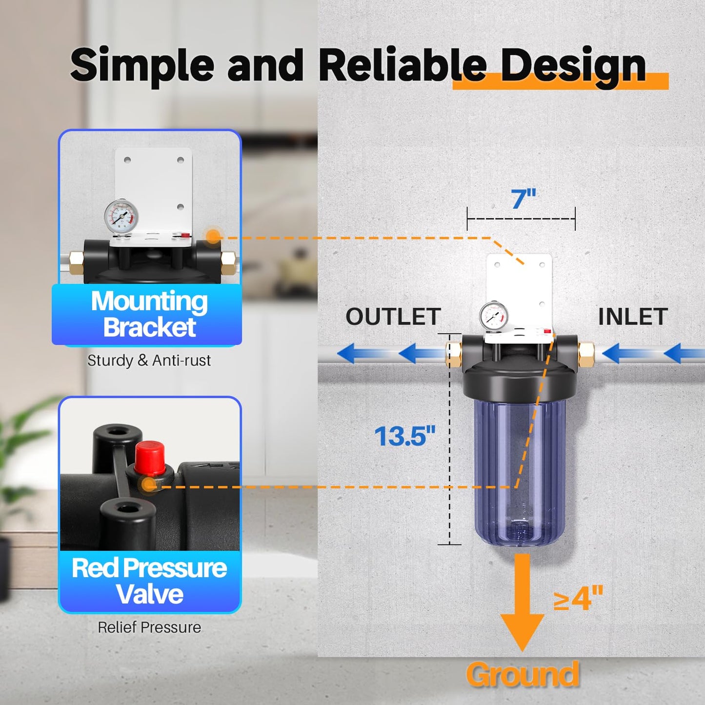 PUREPLUS Whole House Water Filter Housing, 10"x4.5" Universal Housing, Pre-Filtration System, with Pressure Gauge, 1" NPT