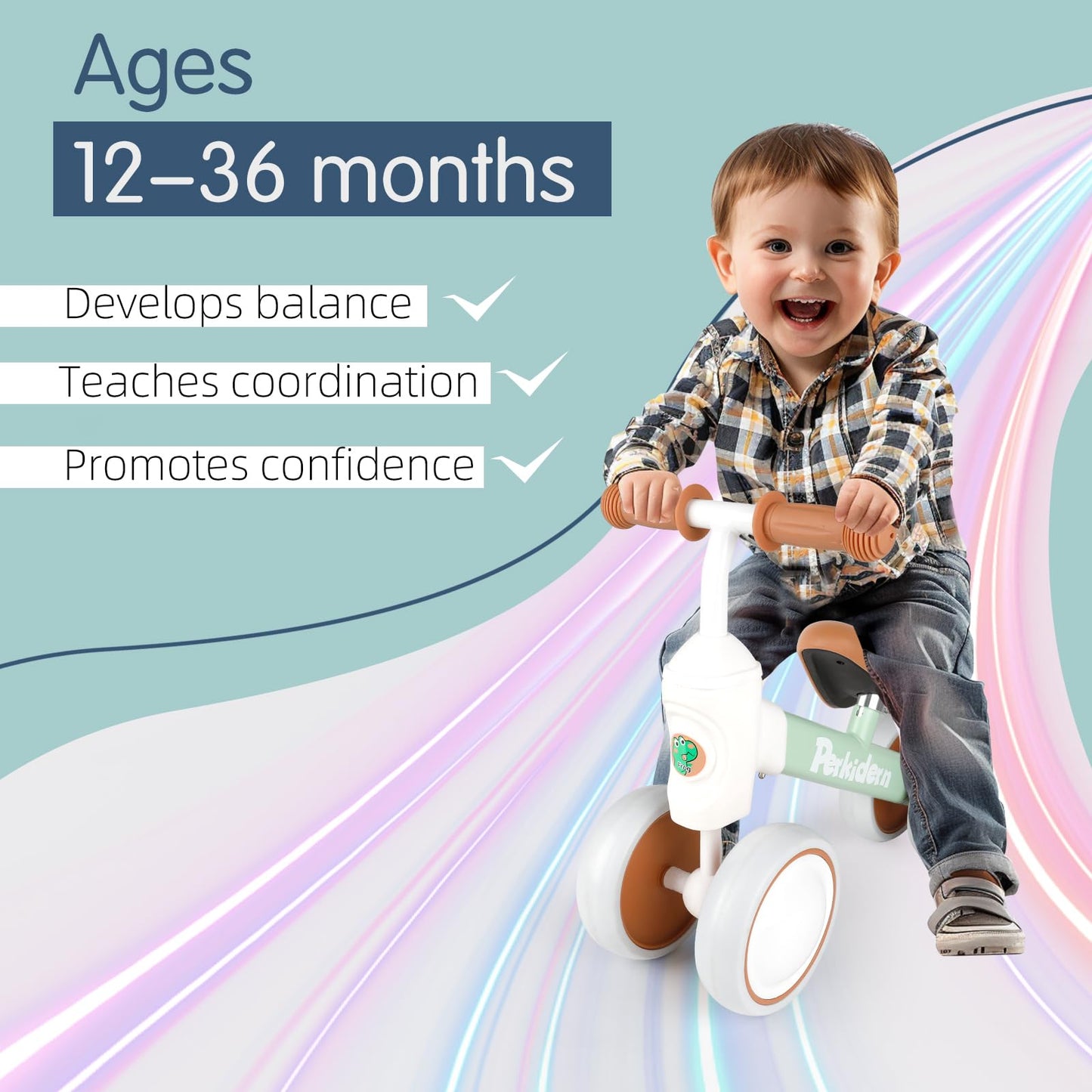 PerKidern Baby Balance Bike for 1-3 Year Old Boys Girls, 12-36 Month Toddler Balance Bike, 4 Wheels Baby Bike Toddler First Birthday Gifts (Colorful Lighting)