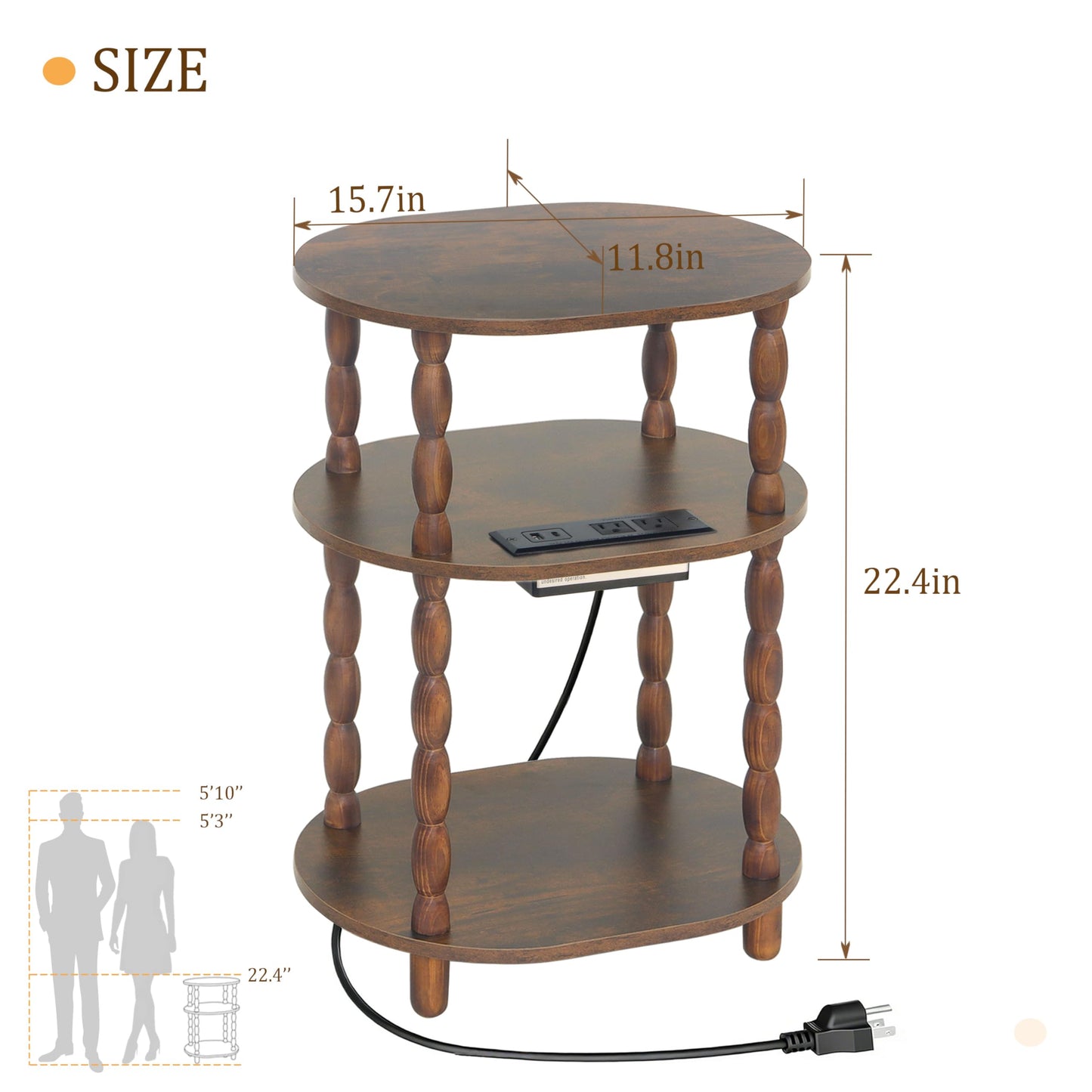 MaxSmeo Side Table with Charging Station, 3-Tier Small End Table with USB Ports and Outlets, Modern Oval Night Stand Accent Table for Living Room, Bedroom, Rustic Brown