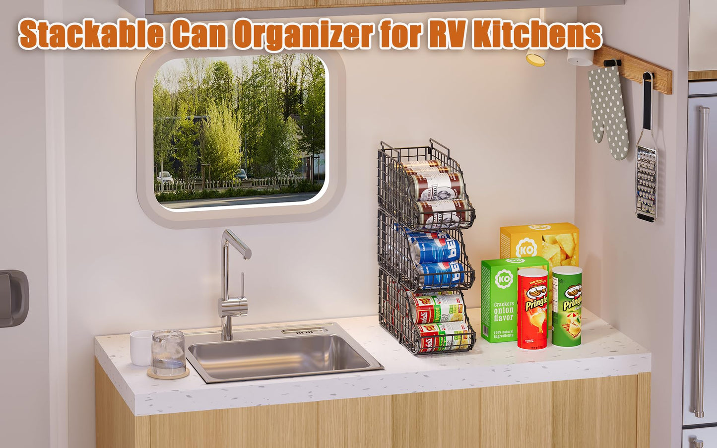 8-Pack Can Organizer for Pantry, Stackable Cabinet Food Shelves for Fridge, Wire Cupboard Storage, Holds up to 72 Beers,Small Metal Bin for Drink Beverage Egg Gillas, Rack for Kitchen Countertops RV