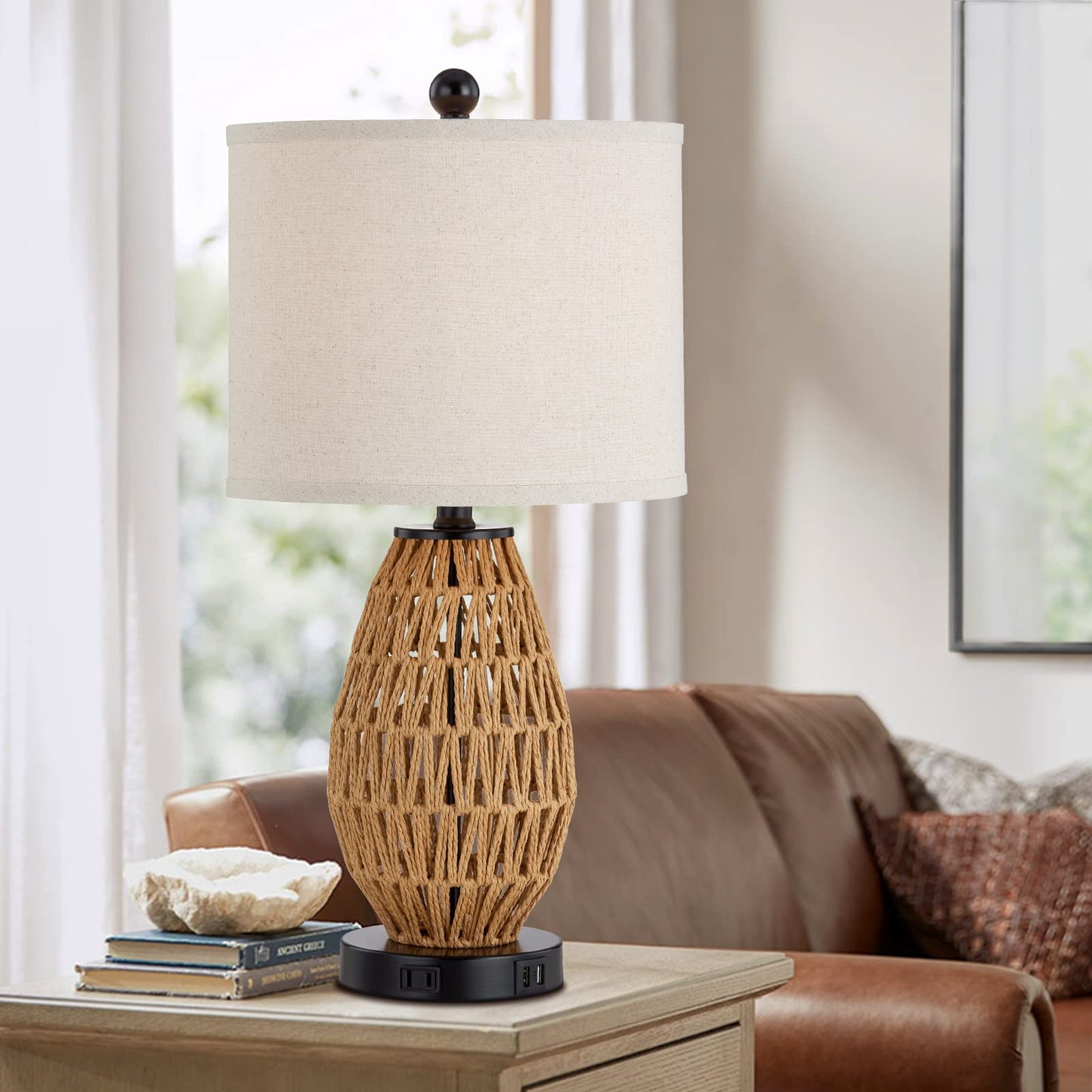 CINSARY Touch Control Rattan Table Lamps, 3 Way Dimmable Bedside Lamps for Bedroom Set of 2 with 2 USB Ports and AC Outlet, Wicker Nightstand Lamps for Living Room (LED Bulbs Included)