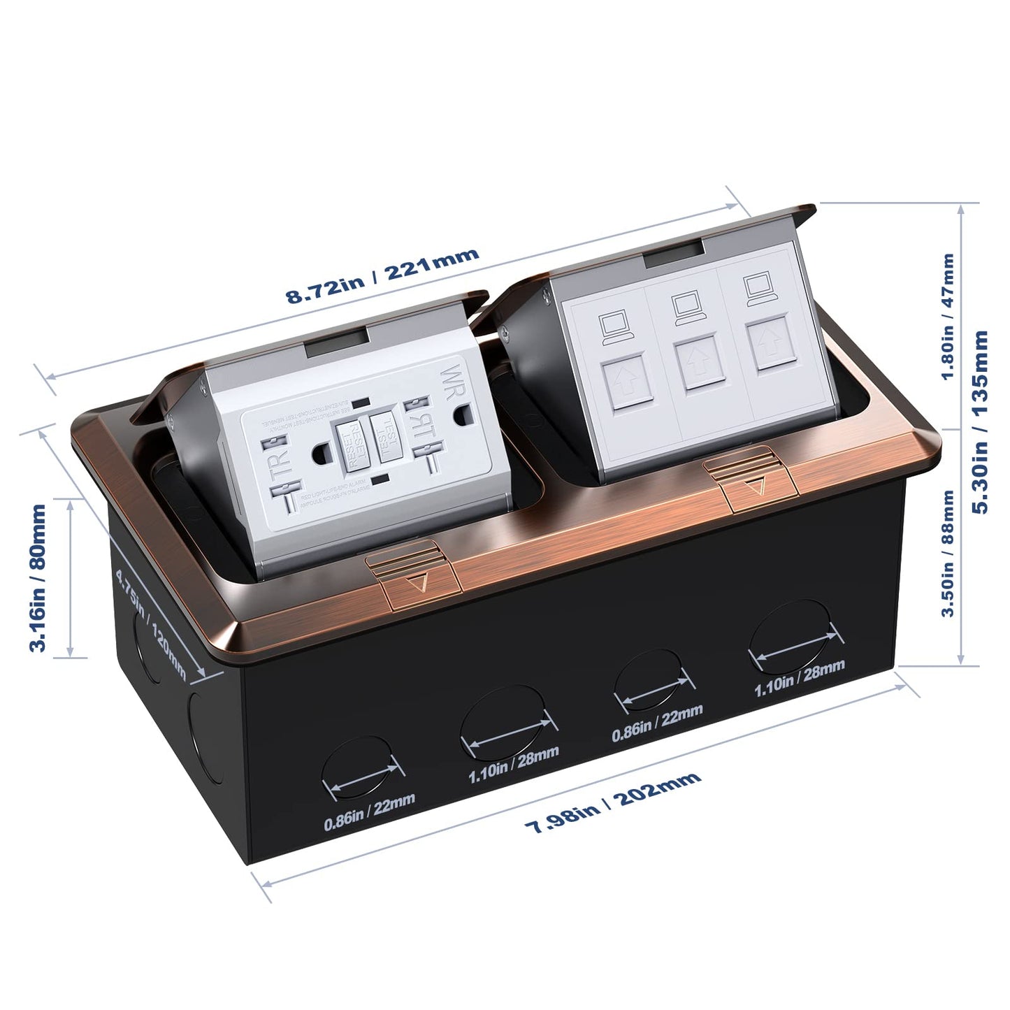 KYHSHJ Dual Pop-Up Floor Electrical Outlet Box Kit，20 Amp Stainless Steel GFCI TR Receptacle Outlet，3-Port RJ45 Datacom Receptacle， Bronze