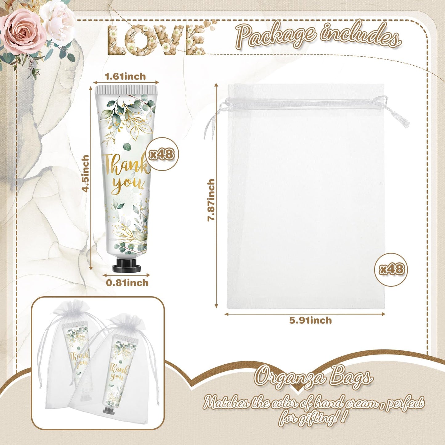 Swiffen 48 Sets Baby Shower Hand Cream Bulk Baby Shower Favors Bridal Shower Hand Cream Thank You Hand Cream for Guests Travel Size Hand Lotion with Organza Bags(Guests)