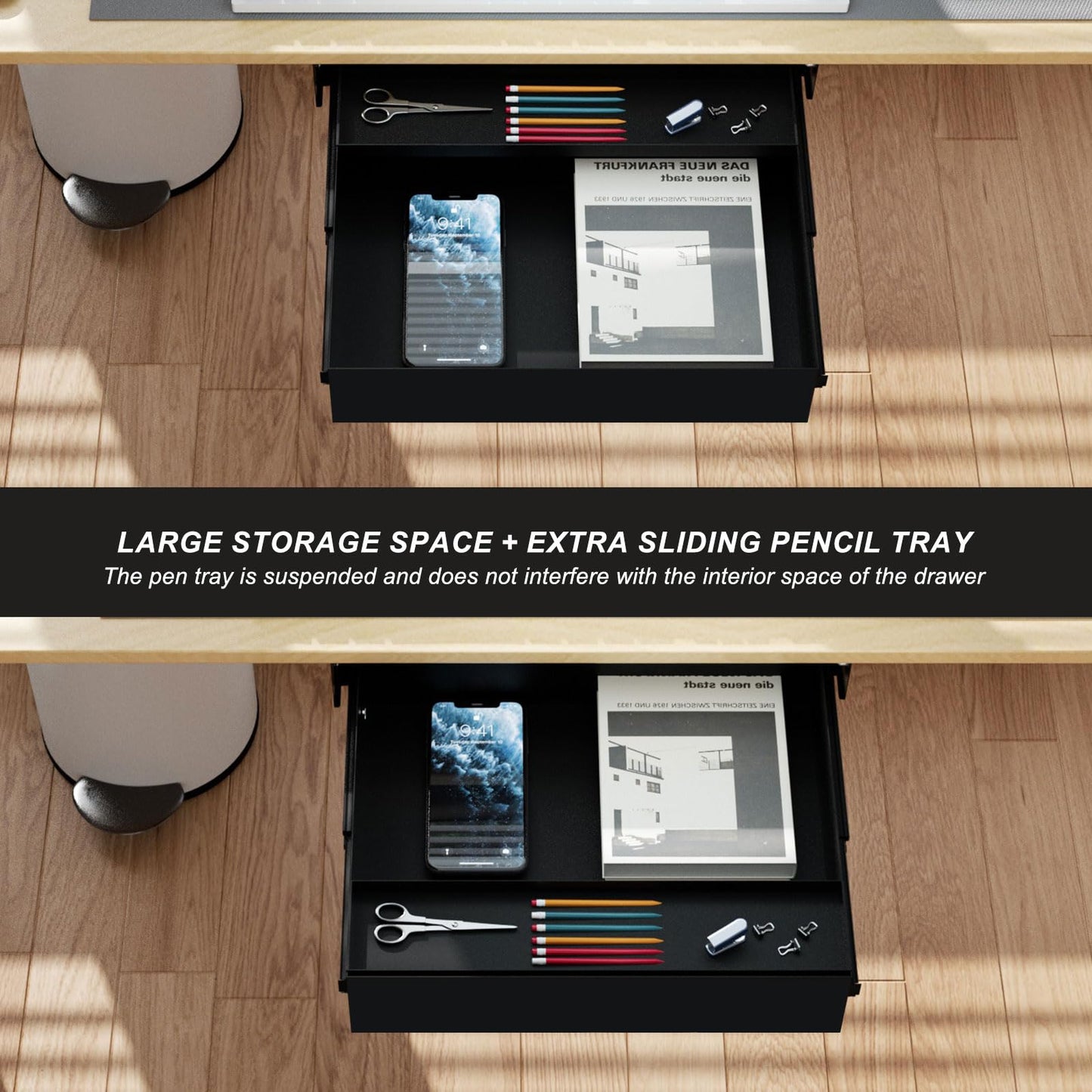Gaxomo Under Desk Drawer(15.2''x10''x4'') with Sliding Pencil Tray, Desk Mounted Sliding Pull-out Drawer for Office Desk Drawer Attachment, Extra Storage Organizer for Sit Stand Workstation