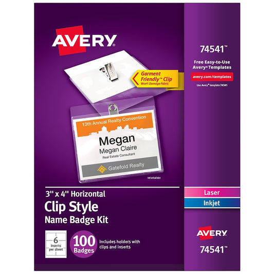 Clip-Style Name Badge Holder with Laser/Inkjet Insert, Top Load, 4 x 3, White, 100/Box
