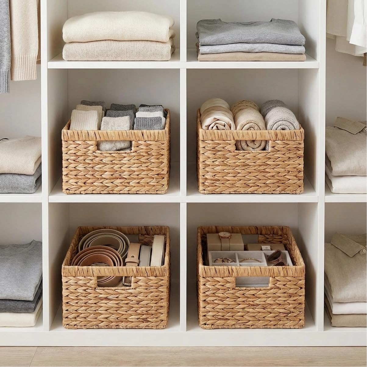 Water Hyacinth Woven Storage Baskets, Set of 4 Wicker Baskets for Organizing with Built-In Handles, Handwoven Rectangular Shelf Bins for Pantry, Bathroom, Kitchen, Closet (13 x 8.25 x 7 in)