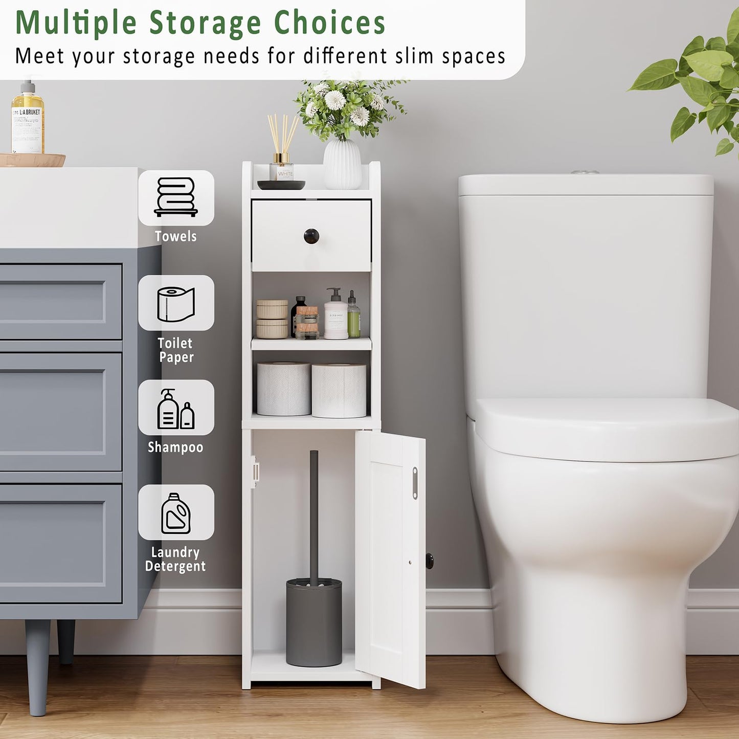 Lomojo Small Bathroom Storage Cabinet,Narrow Toilet Paper Holder,Corner Floor Cabinet with Doors and Drawer for Small Space,Adjustable Shelf Organizer,7.75L*7.75D*29.6H(White)