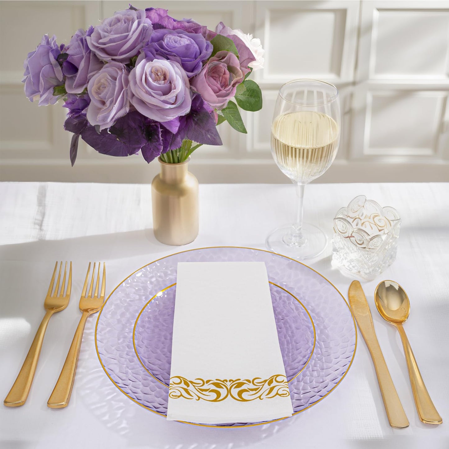 Rubtlamp 175 Pcs Purple Plastic Dinnerware Set (25 Guests), Clear Purple Plates With Gold Rim, Hammered Party Platos, Plates And Cups And Napkins Sets for Wedding, Party&Graduation