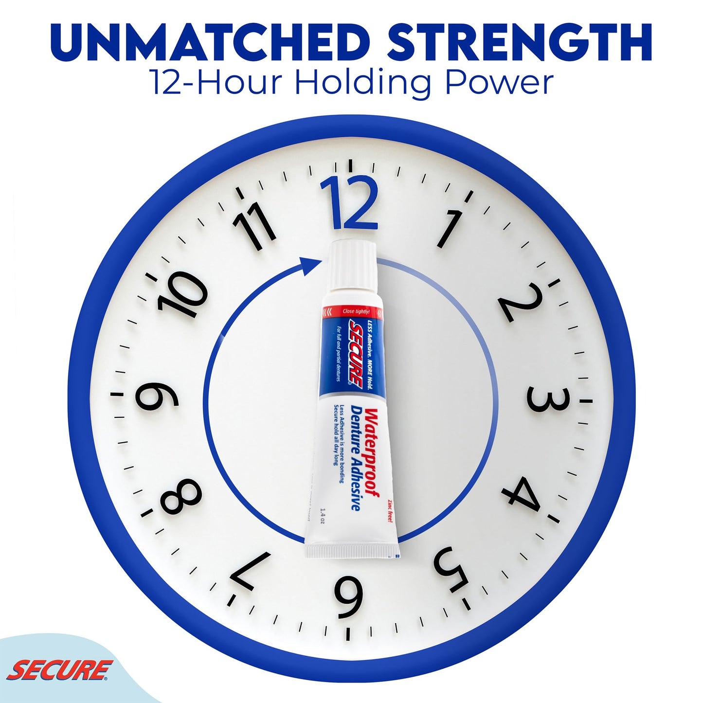 Secure Waterproof Denture Adhesive - Zinc Free - Extra Strong 12 Hour Hold - 1.4 oz (Pack of 4)