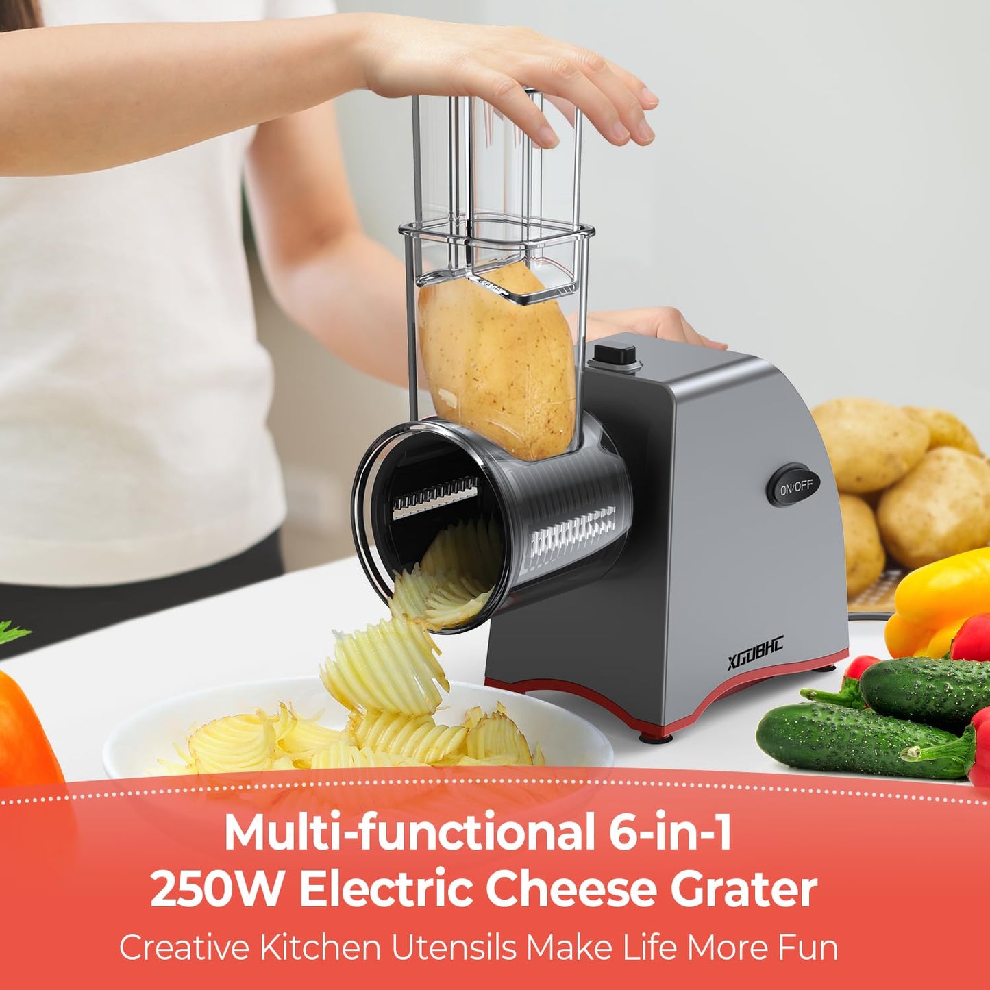 Electric Cheese Grater, Upgraded Salad Maker with 6 Replaceable Stainless Blades, 250W Electric Cheese Shredder, Multi-Function Kitchen Slicer Ice Shaver for Cheeses, Fruits, Vegetables, Nuts, Ice