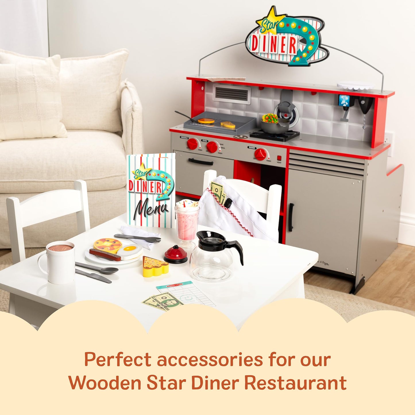 Melissa & Doug Star Diner Restaurant Play Set (41 pcs) Pretend Play Food, Restaurant Toy Set with Cookware, Utensils for Kids, Diner Playset for Kids and Toddlers, Ages 3+