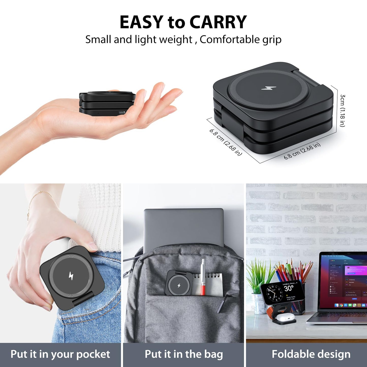 KU XIU X55 Foldable 3 in 1 Charging Station for Apple Devices, 15W Fast Magnetic Wireless Charger, Magent Travel Charger Stand for iPhone 16 15 14 13 12 Series, 5W for Apple Watch, AirPods-Black