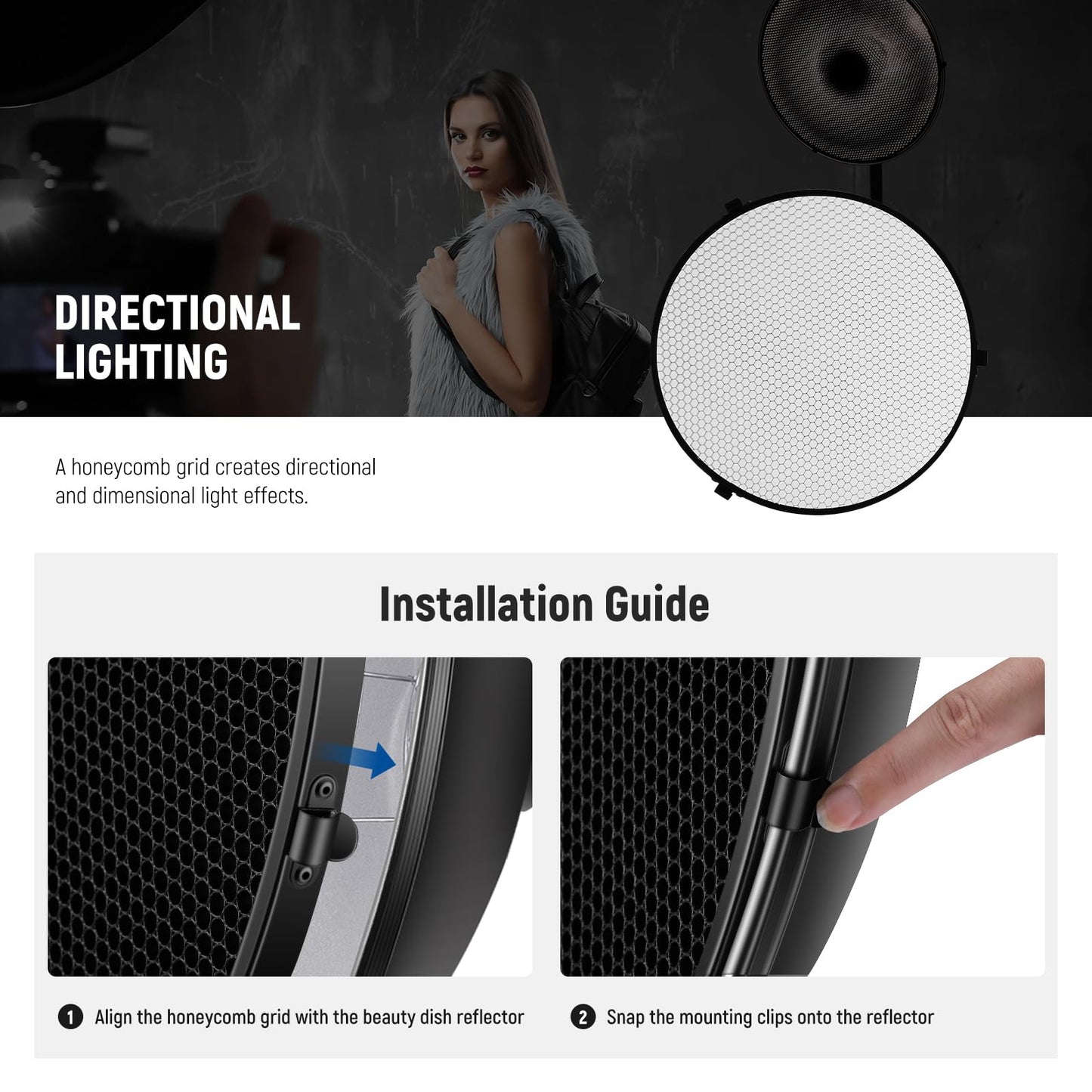 NEEWER 12"/30cm Metal Beauty Dish Bowens Mount Reflector Kit with White Diffuser Sock, Honeycomb Grid for Strobe Flash Video Light Compatible with Godox AD600 NEEWER CB60 Q4 Vision 4 S101 Series, LD30