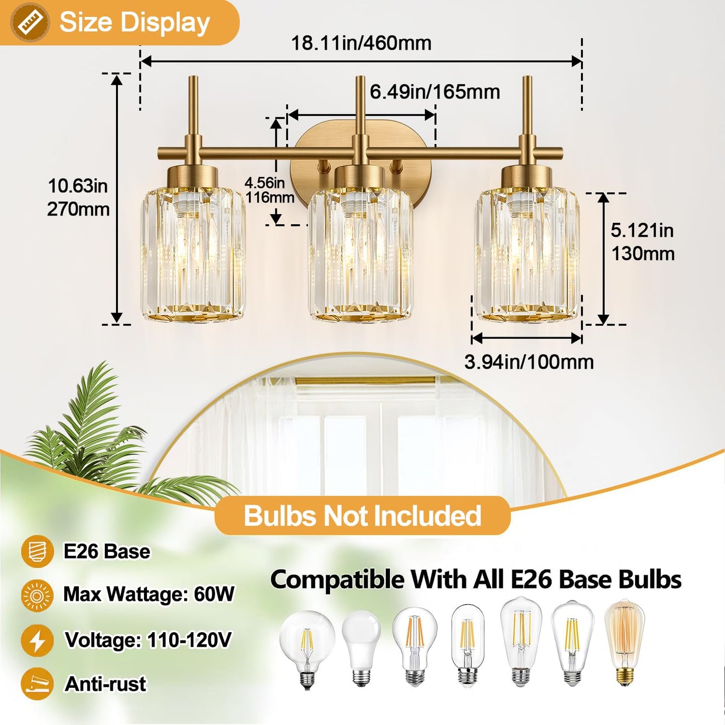Meybiok Modern Crystal Bathroom Vanity Light, 3-Light Brushed Gold Bathroom Light Fixtures with Clear Shades, Vanity Lighting Fixtures Over Mirror (Exclude Bulb)