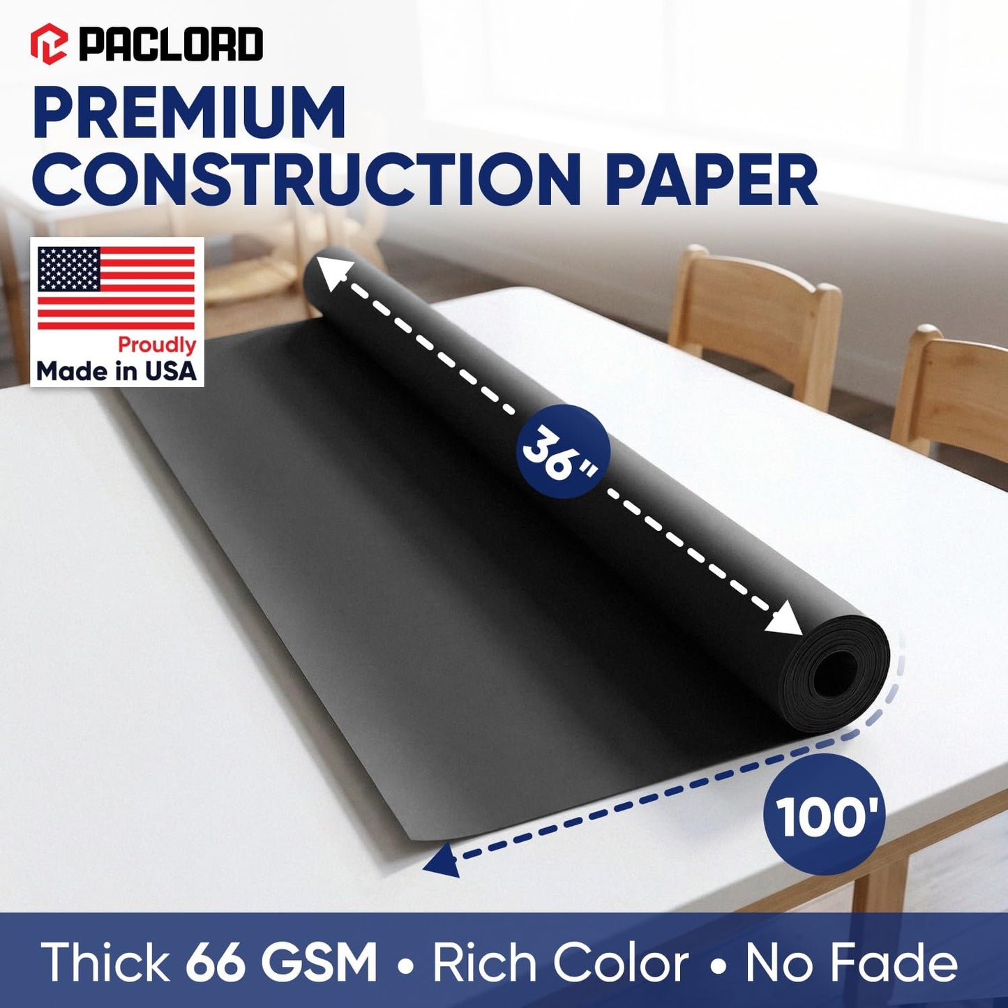 Black Construction Paper Roll 36" x 100 ft – Made in USA – 36" Bulletin Board Paper for Classroom & School, Teachers & Kids