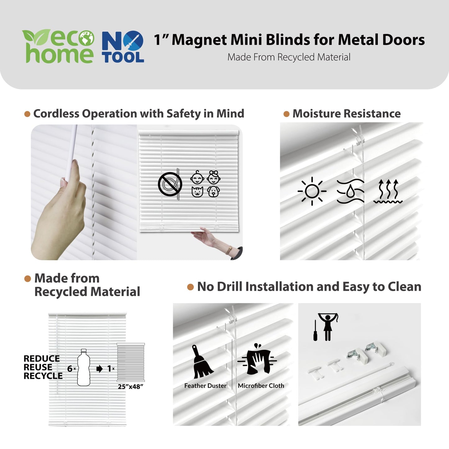 DEZ FURNISHINGS Cordless No Tools 1" Magnet Mini Blinds for Metal Doors, Room Darkening, 25" W x 42" H, White