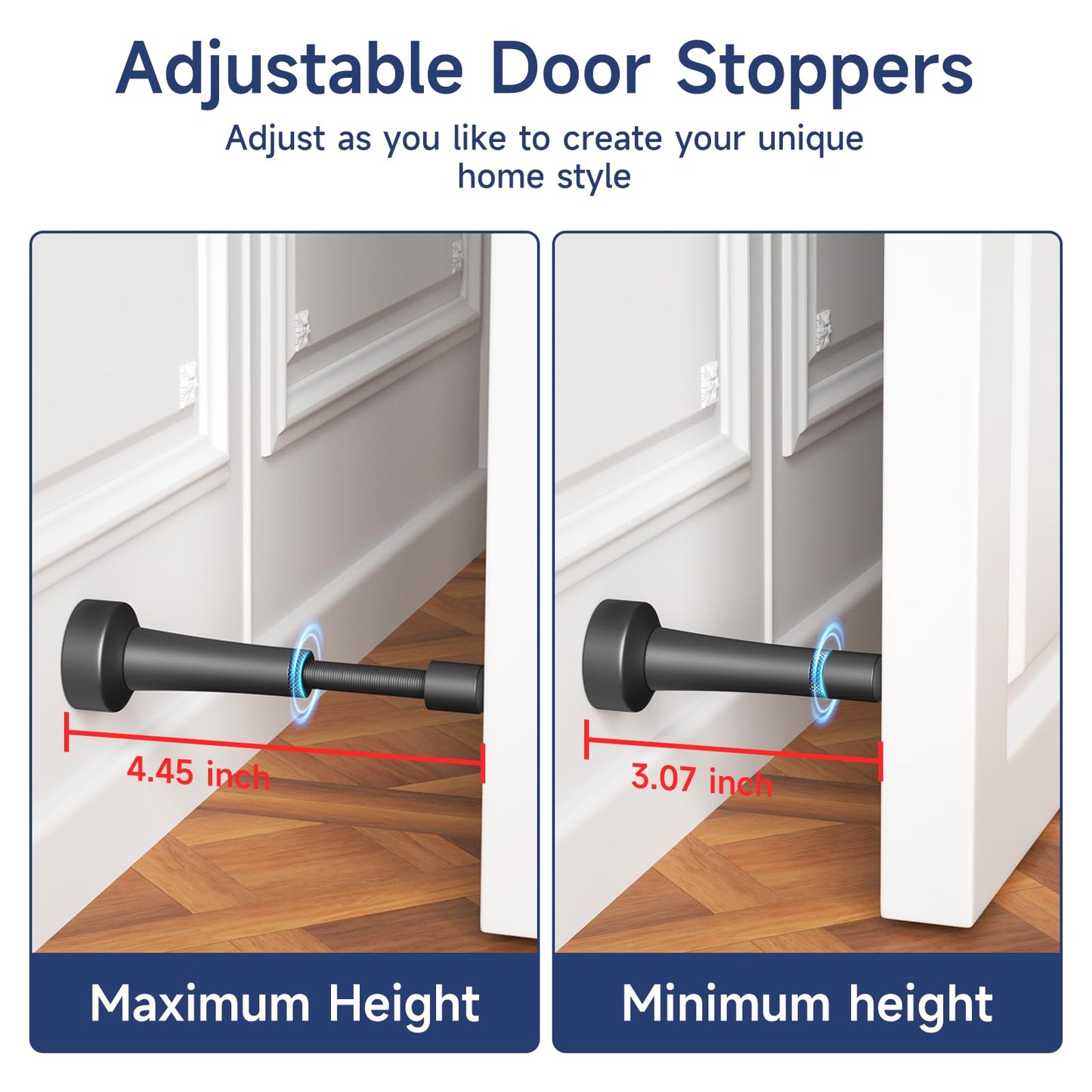 6Pcs Adjustable Door Stopper, 3.07-4.45in Aluminum Door Stoppers for Bottom of Door, Matte Black Door Stop for Wall with Silicone Tip, Screw & Adhesive Installation