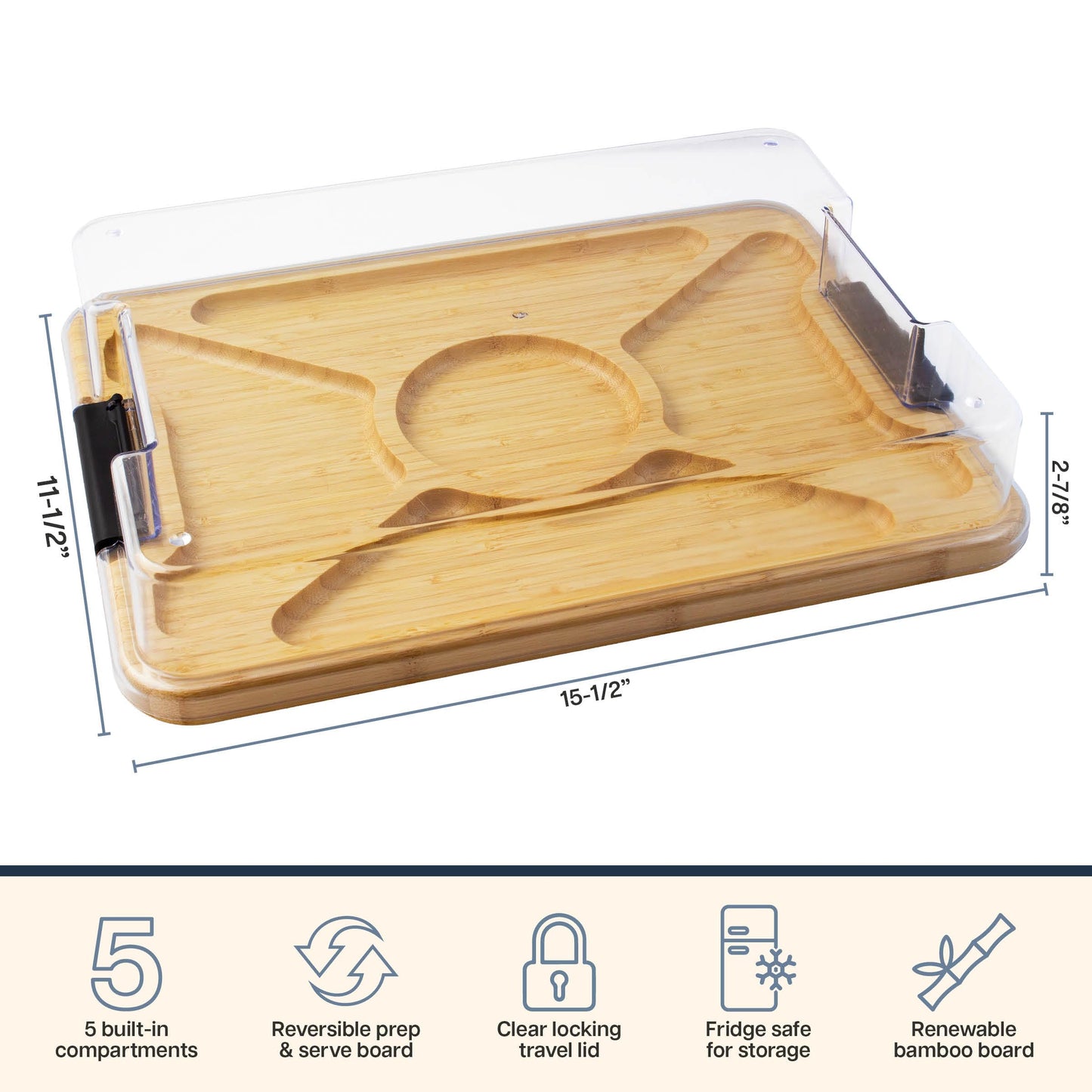 Totally Bamboo Flip, Serve & Store Charcuterie Board with Lid, Reversible Bamboo Cutting Board and Portable Cheese Tray with Compartments, Locking Travel Cover, 15.5 x 11.5 Inches