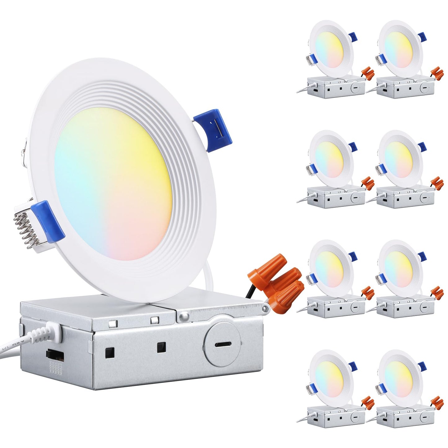 TORCHSTAR 8-Pack 5CCT 4 Inch Slim LED Recessed Lighting with J Box, Anti-Glare Baffle Trim, CRI90 Dimmable Aluminum Ceiling Downlight, Air Tight & IC Rated, 27003000350040005000K Selectable, ETL & ES