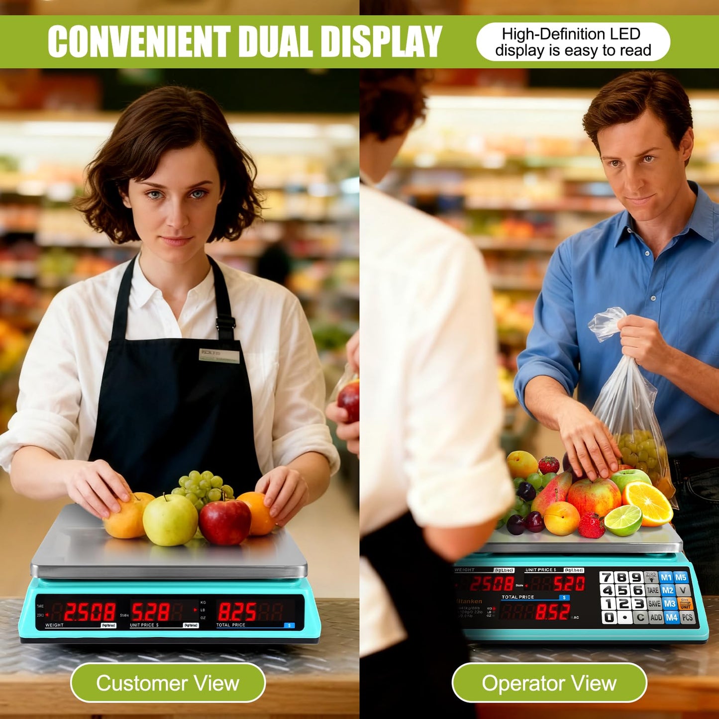 88lb Commercial Food Scale Lb/Kg/Oz Conversion, Price Computing Scale with Dual Display, Rechargeable, Waterproof Reversible Platter, Counting for Farmers Market, Meat Shop, Retail Store, Home Kitchen