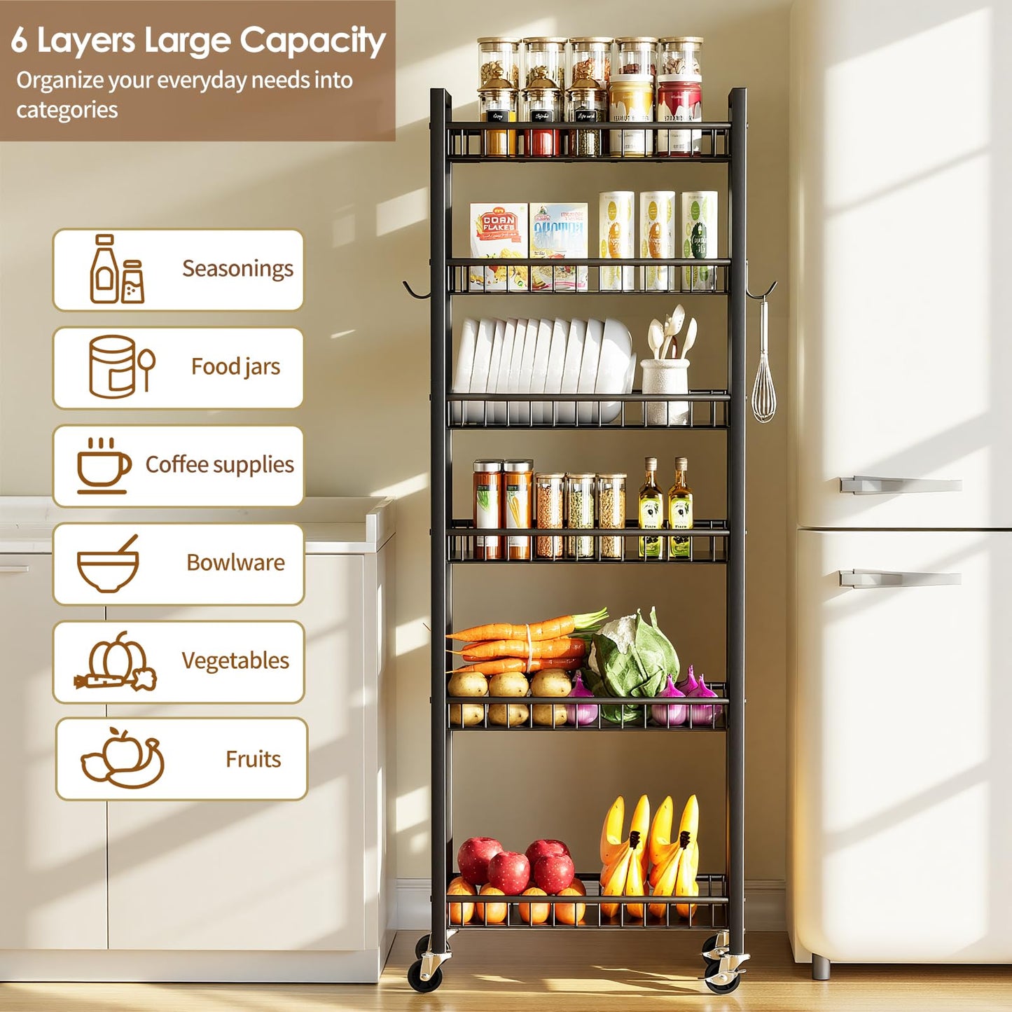 Kssiaz 6 Tier Slim Storage Cart, Narrow Rolling Cart with Wheels, Narrow Mobile Utility Shelf Unit Organizer for Kitchen, Bathroom, Laundry Room, Living Room, Small Places, 10in(W), Black