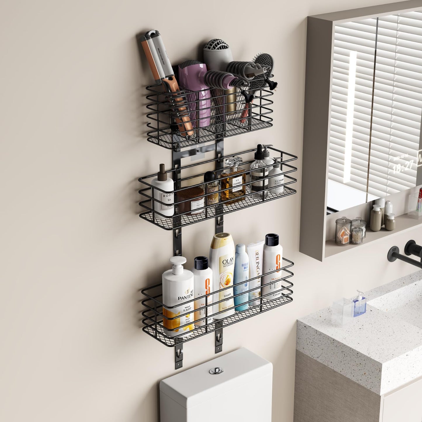 Yuyetuyo 5-Tier Over The Door Bathroom Organizer - Hair Dryer Holder - Hair Tool Organizer Adjustable Height, DIY Bathroom Storage Shelf Wall Mounted for Flat/Curling Irons, Straighteners, Skincare