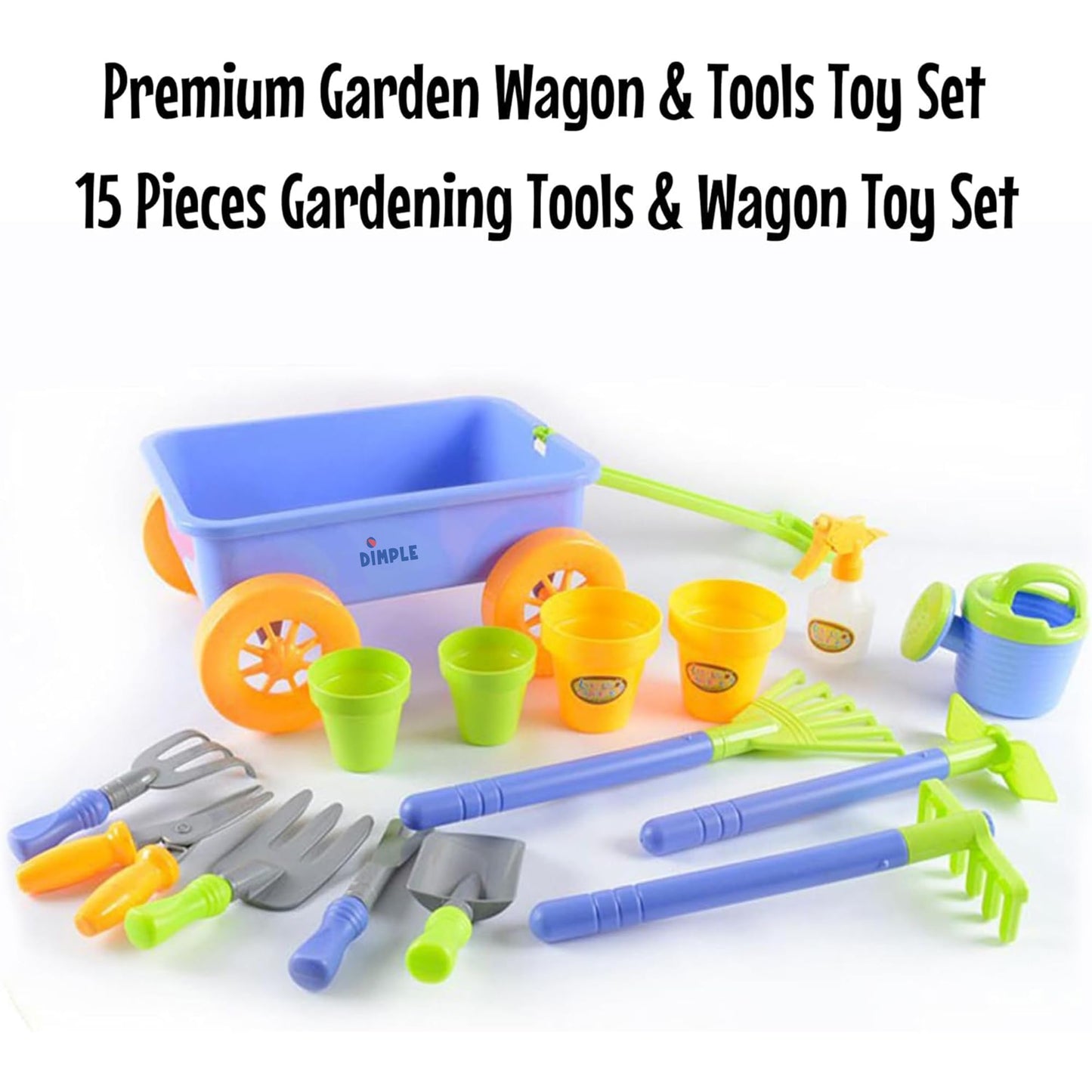 Dimple Garden Wagon & Tools Toy Set Premium 15 Pcs Kids Gardening Tools & Wagon Toy Set - Sturdy & Durable - Top Yard, Beach, Sand, Garden Play Set - Great for Kids & Toddlers