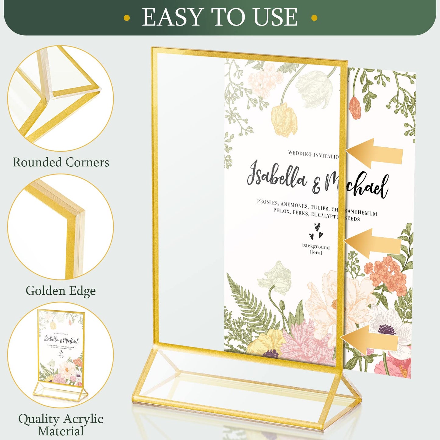 24 Pack Gold Picture Frames 4 x 6 Inch Clear Acrylic Sign Holders Double Sided Display Frames Bulk with Stand 2 mm Gold Border for Table Numbers Wedding Party (Vertical)
